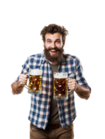 Joyful guy with two beer mugs, pictured against a transparent background png