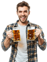 Joyful guy with two beer mugs, pictured against a transparent background png