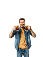 Joyful guy with two beer mugs, pictured against a transparent background png