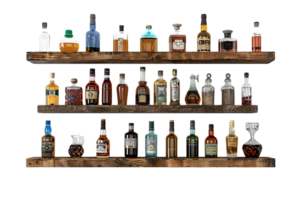 liquor shelf at the back bar, isolated against a transparent background png