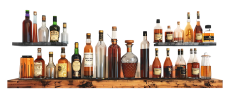 liquor shelf at the back bar, isolated against a transparent background png