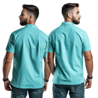 man modeling a shirt from both the front and back perspectives free mockup png