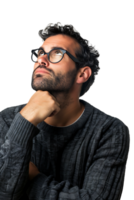 Man with glasses thinking, isolated against a transparent background png