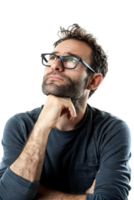 Man with glasses thinking, isolated against a transparent background png
