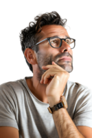 Man with glasses thinking, isolated against a transparent background png