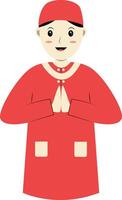 Muslim Character with Eid Mubarak Greeting Pose. Isolated on White Background. vector