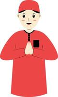 Muslim Character with Eid Mubarak Greeting Pose. Isolated on White Background. vector