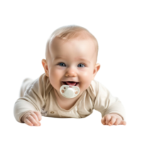 lächelnd Baby Lügen auf das Fußboden mit ein Schnuller im es ist Mund png
