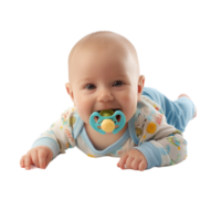 smiling baby lying on the floor with a pacifier in its mouth png