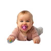smiling baby lying on the floor with a pacifier in its mouth png