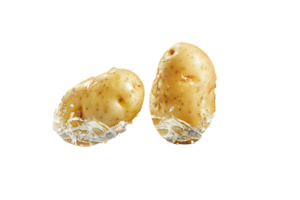 Two flying potatoes with water splash, isolated against a transparent background png