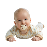 smiling baby lying on the floor with a pacifier in its mouth png