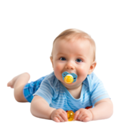smiling baby lying on the floor with a pacifier in its mouth png