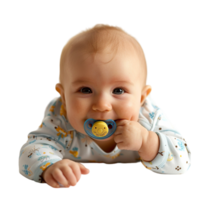 smiling baby lying on the floor with a pacifier in its mouth png
