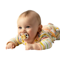 smiling baby lying on the floor with a pacifier in its mouth png