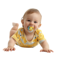 smiling baby lying on the floor with a pacifier in its mouth png
