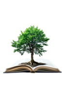 Tree emerging into an open book, isolated against a transparent background png