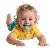 smiling baby lying on the floor with a pacifier in its mouth png