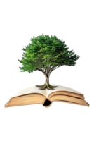 Tree emerging into an open book, isolated against a transparent background png
