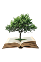Tree emerging into an open book, isolated against a transparent background png