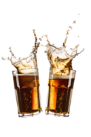 Two beer mugs clinking with splashing cheers, isolated on transparent background png