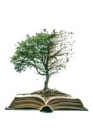 Tree emerging into an open book, isolated against a transparent background png