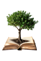 Tree emerging into an open book, isolated against a transparent background png