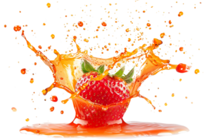 strawberry with a juice splash, set against a transparent background png