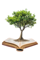 Tree emerging into an open book, isolated against a transparent background png