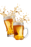 Two beer mugs clinking with splashing cheers, isolated on transparent background png