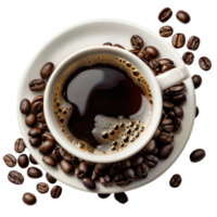 top down view of a cup of coffee accompanied by coffee beans png