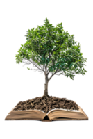 Tree emerging into an open book, isolated against a transparent background png
