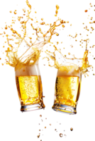 Two beer mugs clinking with splashing cheers, isolated on transparent background png