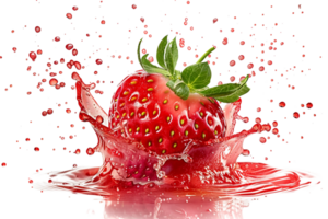 strawberry with a juice splash, set against a transparent background png