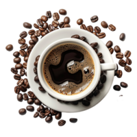 top down view of a cup of coffee accompanied by coffee beans png