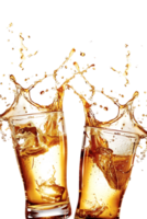 Two beer mugs clinking with splashing cheers, isolated on transparent background png