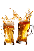 twee bier mokken gerinkel met spatten proost, geïsoleerd Aan transparant achtergrond png