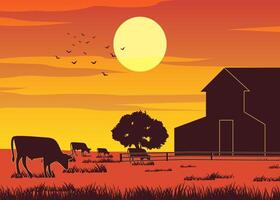 Silhouette design of farm while cows eating the grass on sunset time vector