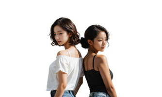 Two women pose back-to-back, one in an off-shoulder white top and the other in a black tank top, demonstrating contrasting yet complementary styles. png