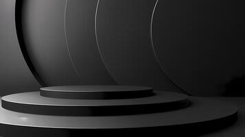 Monochromatic, modern black podium with concentric circular tiers, perfect for showcasing products or setting a futuristic stage ambiance. photo