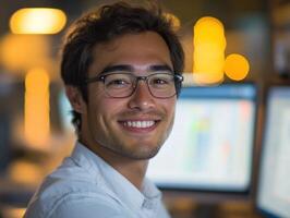 A smiling young man sits at a computer in a lit office during the evening photo