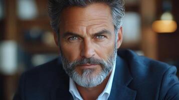 A well-groomed man with a beard sits confidently indoors in a cafe photo