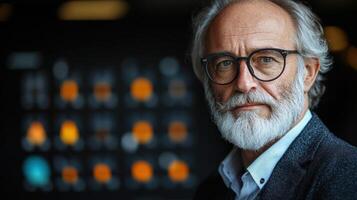 A mature man with a distinguished look stands proudly in a contemporary workspace photo