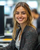 A young woman smiles while working at her desk in a contemporary office setting photo