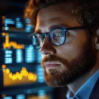 An analyst intently reviews financial data with glowing charts during a late-night session photo