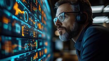 A serious analyst studies complex data visualizations in a contemporary office environment photo