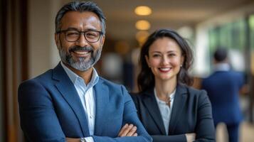 Two confident professionals smile while standing in a contemporary office environment photo
