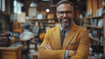 A man wearing a brown blazer smiles warmly in a charming vintage bookstore filled with books photo