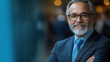A professional man smiles confidently while engaging in conversation at an evening networking event photo