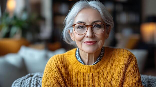 mayor mujer sonrisas calurosamente mientras sentado cómodamente en un acogedor vivo habitación durante luz foto
